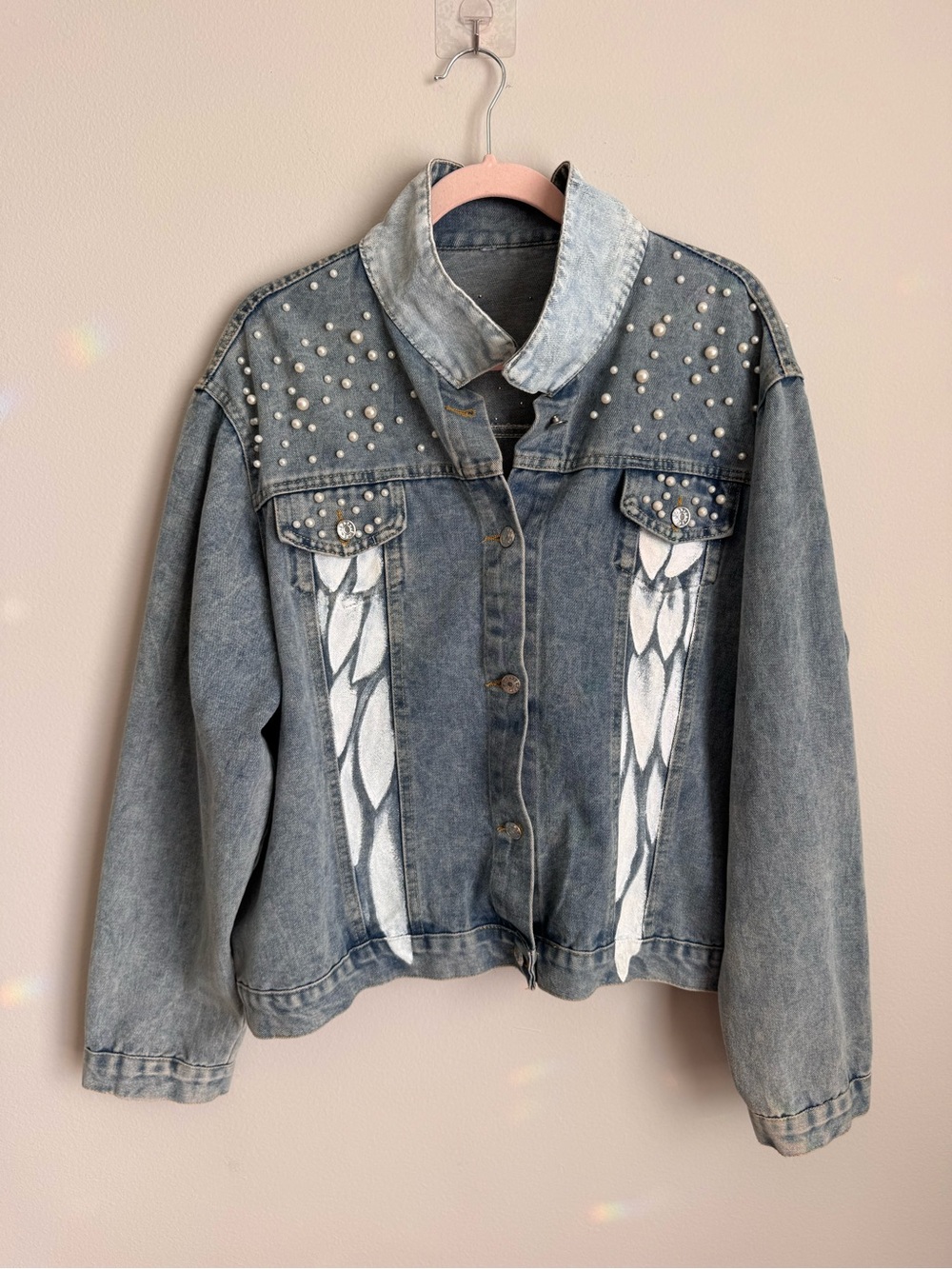 Hand Painted Angel Denim Jacket Pearl Studded Custom Artist Jacket Size M - Picture 12 of 12